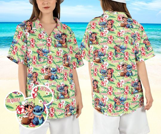 Lilo and Stitch Hibiscus Hawaiian Shirt, Stitch Friends Beach Aloha Shirt