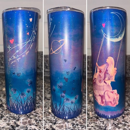 Taylor Inspired 20oz Shimmer Love you to the Moon and Saturn Tumbler with Lid and Straw