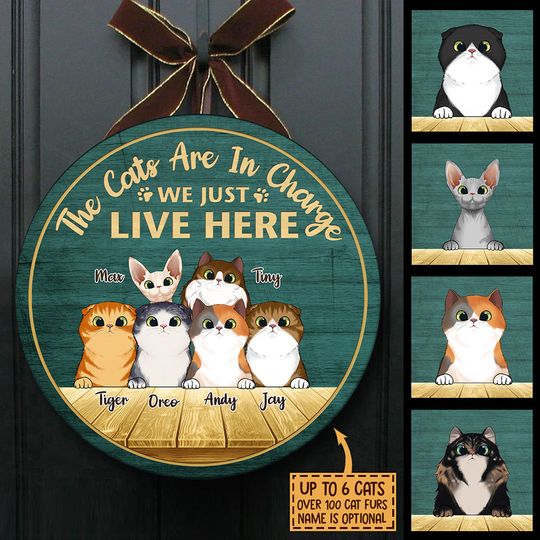 Cats Are In Charge Funny Gift Personalized Cats Owner Customize House Door Sign