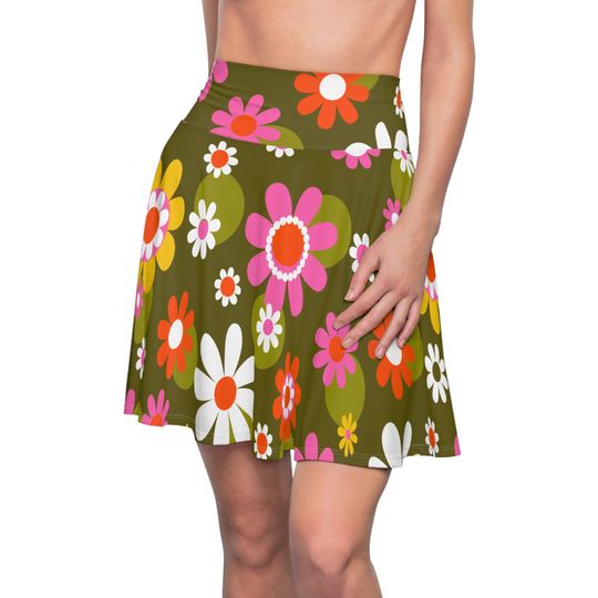 Groovy Flower Power Hippie Daisies 70s Disco Party Skater Skirt, Women's Skater Skirt