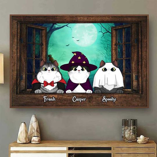 Halloween Night Cats By The Window Clipart Pet Lover Gift Personalized Horizontal Poster