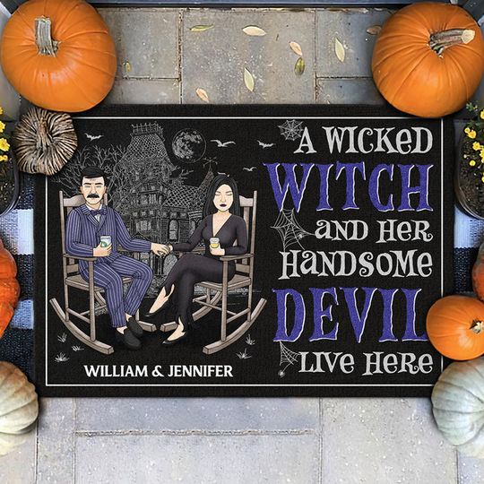A Wicked Witch & Handsome Devil - Personalized Decorative Mat - Gift For Couple, Husband Wife, Halloween Gift