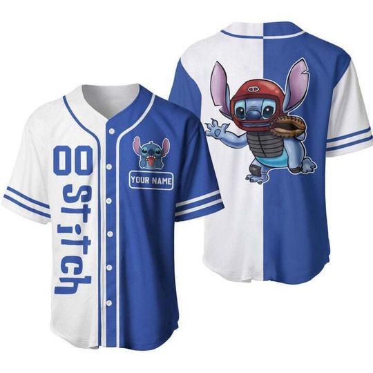 Personalized White Blue Funny Stitch Baseball Jersey Shirt