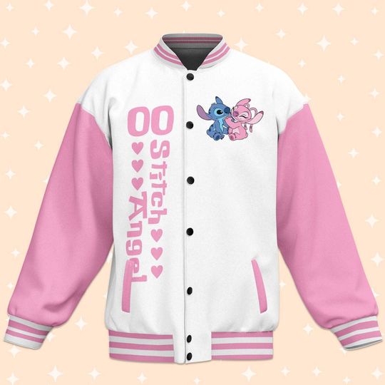 Personalized Stitch and Angel Couple White Pink Baseball Jacket