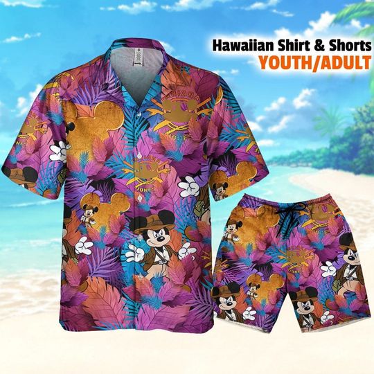 Disney Mickey Indiana Jones Colorful Summer Tropical Hawaii Shirt, Mickey Aloha Shorts