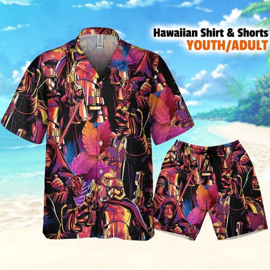 Star Wars Colorful Tropical Dark Side Hawaii Shirt, Star Wars Button Up Shirt and Shorts