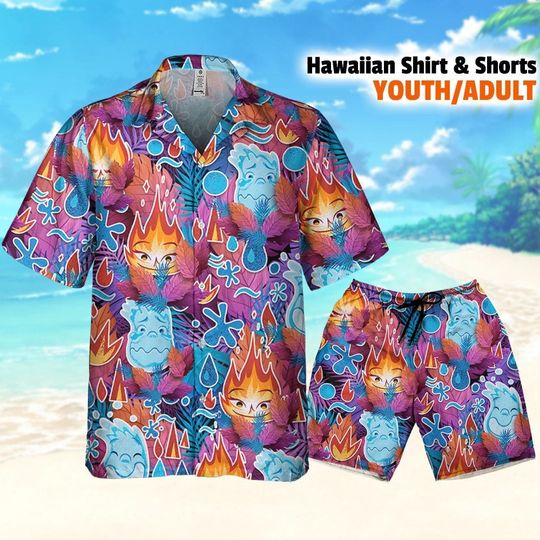 Elemental Ember And Wade Colorful Tropical, Disney Hawaii Shirt, Disney Aloha Shirt, Disney Hawaiian Shirt, Summer Vacation Hawaiian Shirt