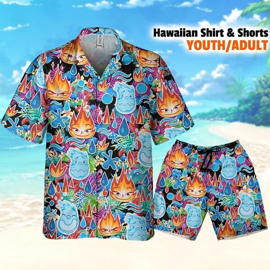 Elemental Ember And Wade Summer Tropical, Disney Hawaii Shirt, Disney Aloha Shirt, Summer Vacation Hawaiian Shirt, Disney Hawaiian Shirt