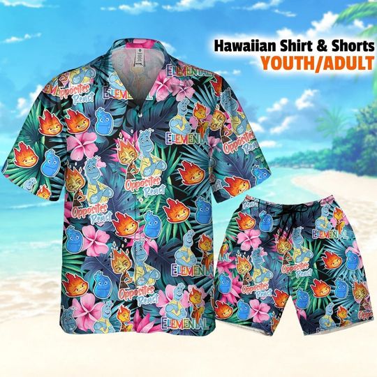 Disney Elemental Opposites React Summer Tropical Hawaiian Shirt, Disney Hawaii Shirts, Disneyland Summer Family Trip, Walt Disney World