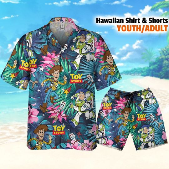 Disney Toy Story Woody Buzz Lightyear Forky Tropical Pattern Hawaii Shirt and Shorts