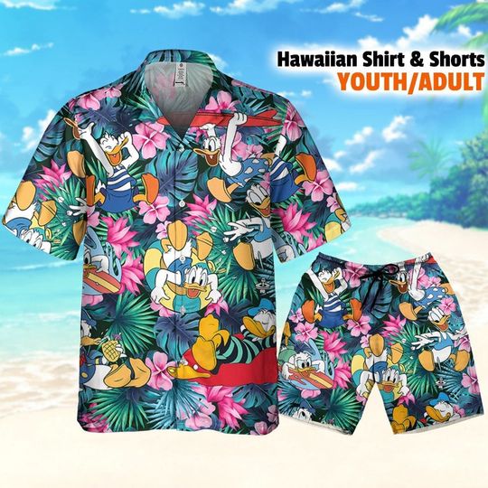 Disney Donald Duck Summer Tropical Hawaii Shirt, Disneyland Button Up Shirt and Shorts
