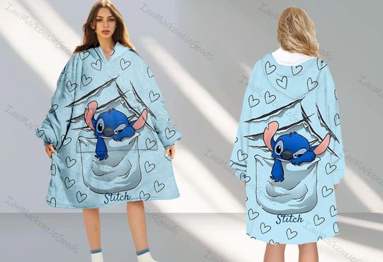 Cute Stitch Hoodie Blanket, Lilo & Stitch Cartoon Winter Hoodie Blanket