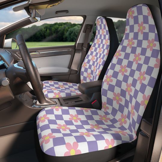 Checkered Floral Car Seat Protector, Flower Pattern Seat Cover