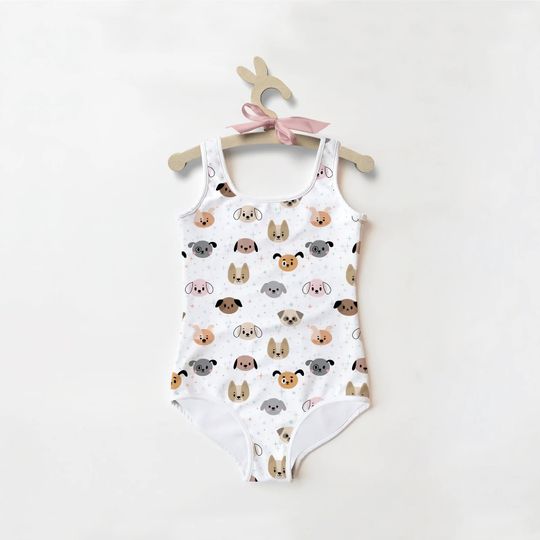 Girls Dog Face Swimsuit | UPF 50+ UV Sun Protection | Toddler Bathing Suit