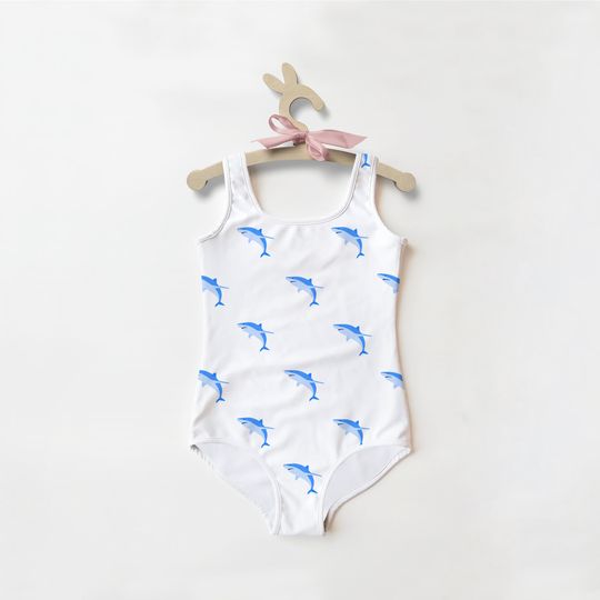 Girls Blue Shark Swimsuit Cute | Quick Drying | Sea Creatures | Ocean Animals