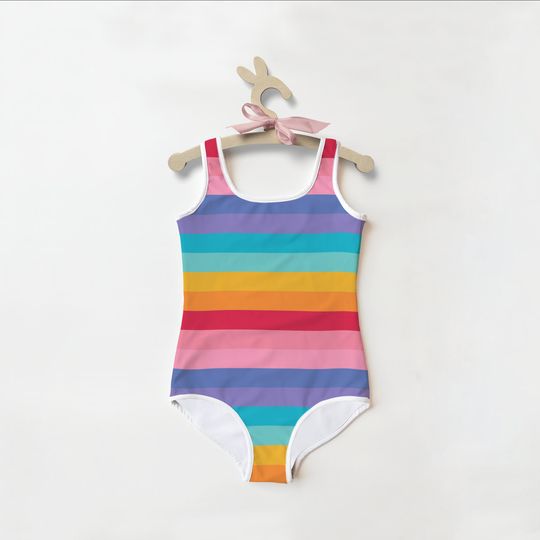Girls Rainbow Stripes Swimsuit | Toddler Bathing Suit | Cute | Quick Drying