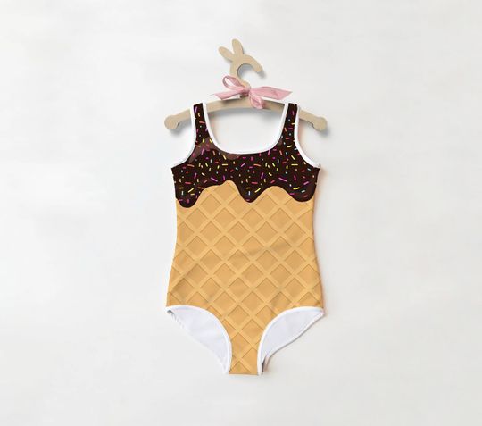 Girls Chocolate Ice Cream Waffle Cone Swimsuit Toddler Bathing Suit | Cute | Quick Drying