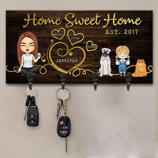 Home Sweet Home Single Parent With Kids & Pets - Personalized Custom Key Hanger, Key Holder