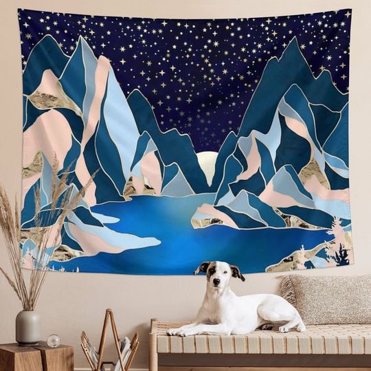 Mountain Tapestry Mountains and Starry Sky Decorative Wall Hanging  Nature Landscape Art