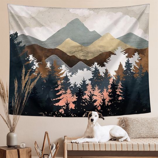 Forest Tapestry, Boho Mountain Sun Art, Abstract Landscape