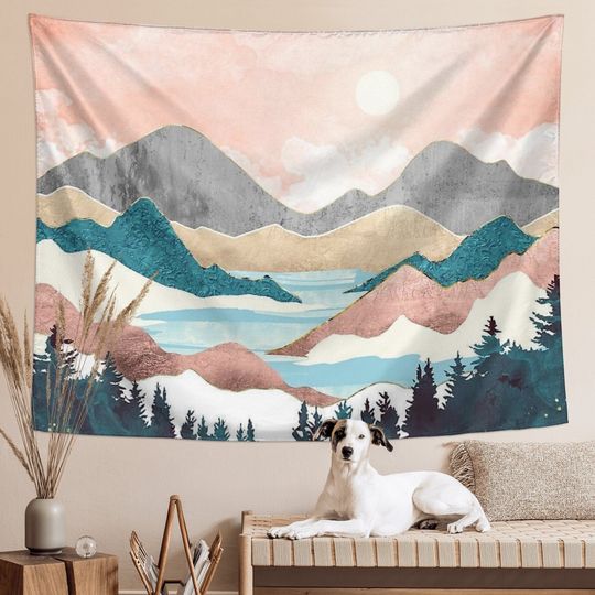 Mountain and Sunset Tapestry Wall Hanging Forest Trees Tapestry