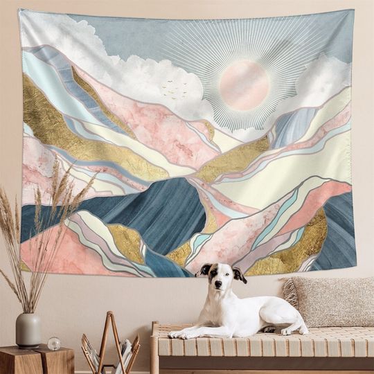 Abstract Mountain Sunset Tapestry - Boho Nature Landscape