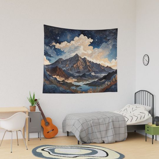Enchanted Skies: Illustrating the Majestic Mountain and Starlit Night Tapestry