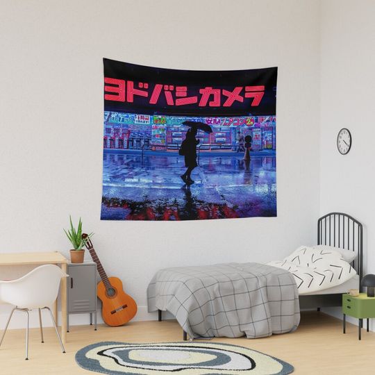 Japanese Walking home in the rain from the grind. Red and blue reflections Tapestry
