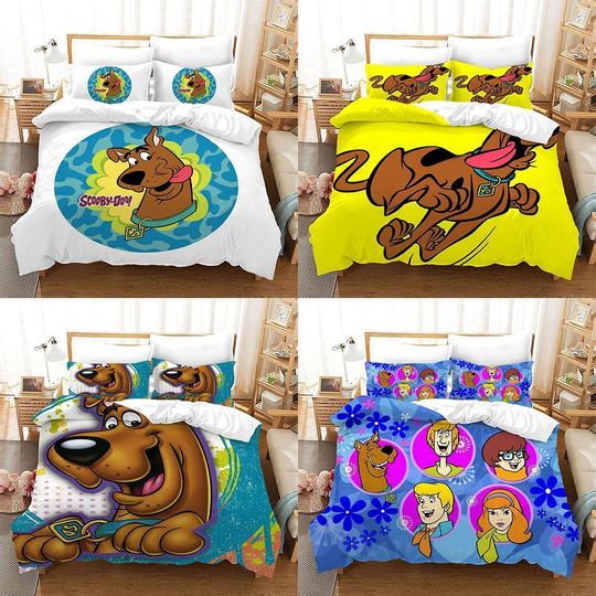 Cartoon Scooby-Doo Dog Sky Blue Floral Quilt Duvet Cover Set Bedding Children