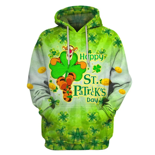 Tigger Green Shamrock Happy St Patrick's Day Lucky Vibes 3D Hoodie
