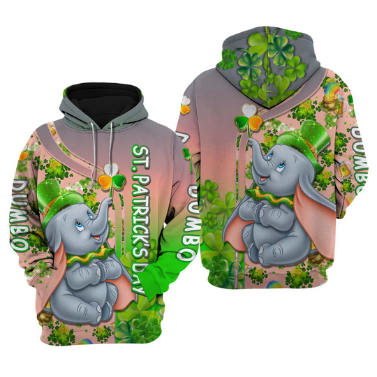 St Patrick's Day Dumbo Elephant Green Shamrocks 3D Hoodie