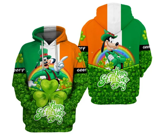Goofy Happy St Patrick's Day Green Shamrocks Rainbow 3D Hoodie