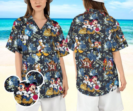Floral Mickey & Friends Pirates Hawaiian Shirt, Pirates of Caribbean Hawaiian