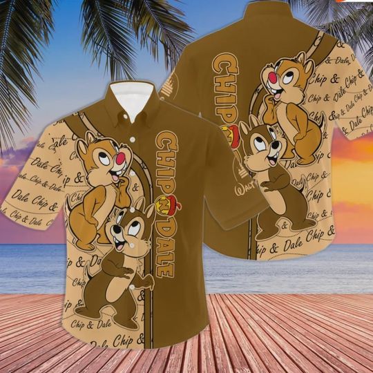Disney Cartoon Chipmunks Chip Dale Brown Stripes Hawaiian Shirt