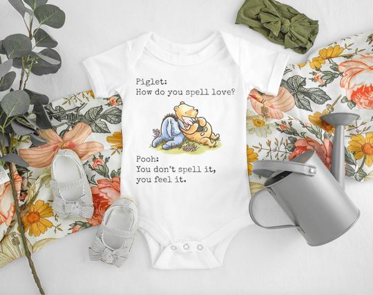 Vintage Pooh How Do You Spell Love Onesie Baby Shower Gift
