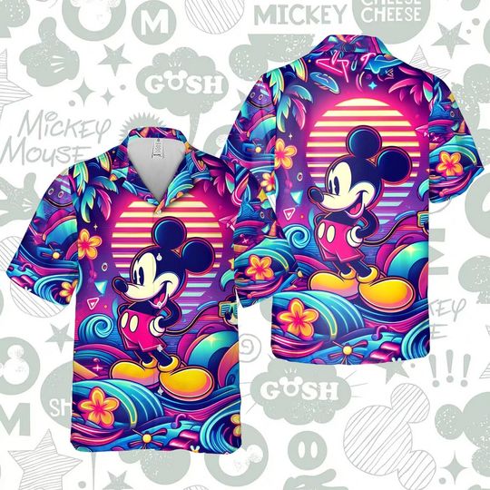 Retro Beach Mickey Mouse Disney Cartoon Themed Colorful Aloha Hawaiian Shirt