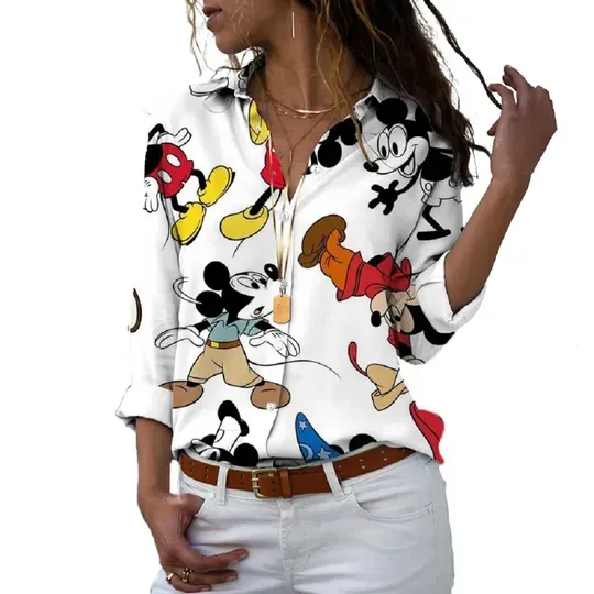 Disney Mickey Minnie Slim Fit 3D Print Women's Casual Shirt