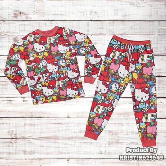 Cute Hello Kitty Pattern Raglan Pajamas Set