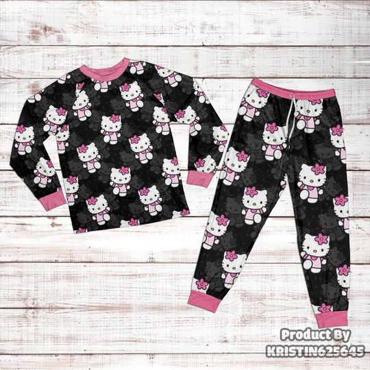 Cute Hello Kitty Pattern Raglan Pajamas Set