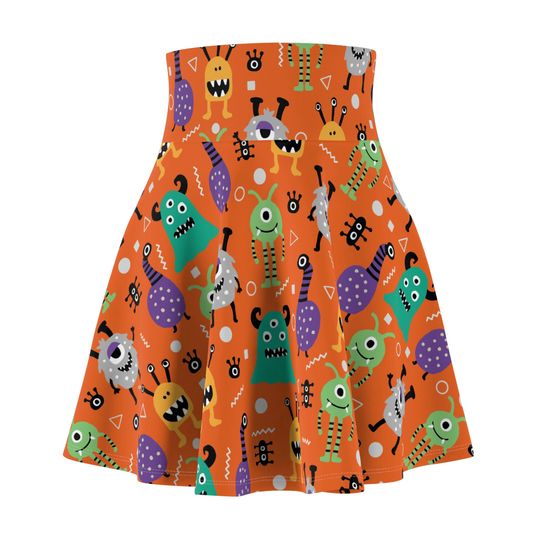 Monsters on Orange Print Women's Skater Skirt