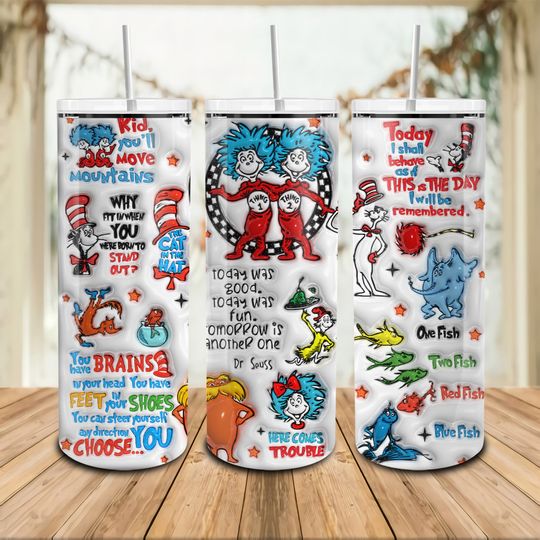3D Inflated Teacher Of All Thing 20oz Tumbler, Seuss Geisel Cat in stovepipe hat Tumbler