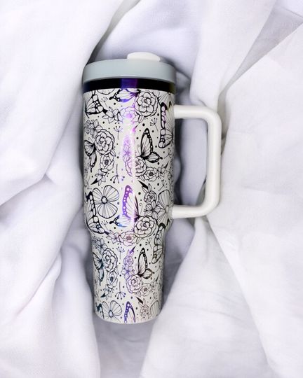 Customized 40oz Tumbler with Handle - Laser Engraved Butterfly Design