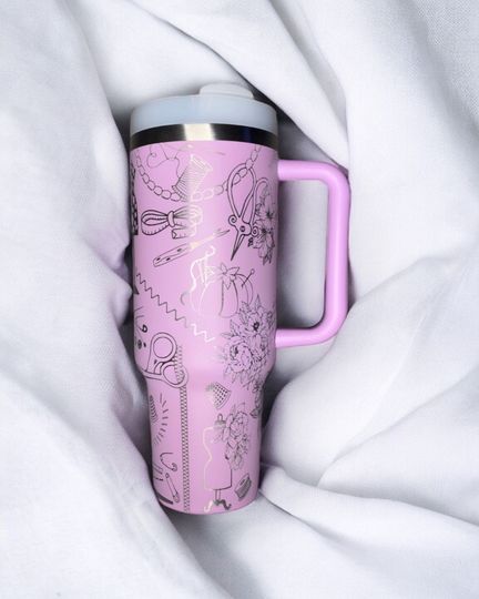 Customized 40oz Tumbler with Handle - Laser Engraved Sewing Design