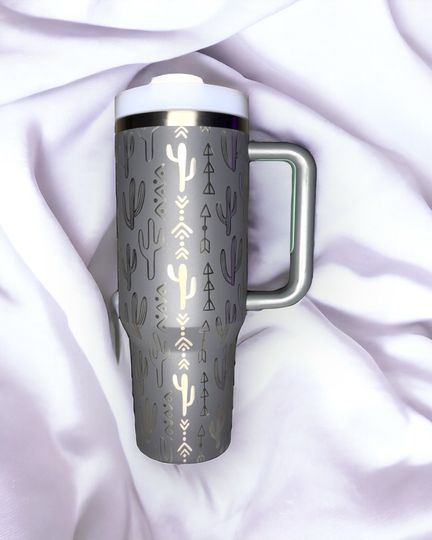 Customized 40oz Tumbler with Handle - Western Cactus Laser Engraved Design