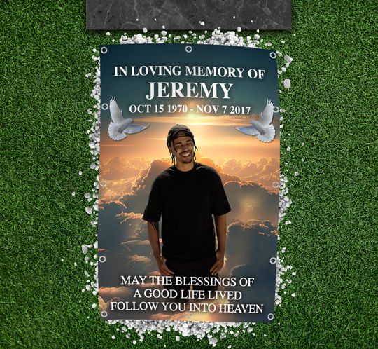 Funeral Grave Blanket, Memorial Grave Banner, Blue Sky Clouds