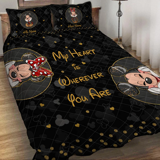 Personalized Mickey And Minnie My Heart Is Where You Are Disney Bedding Set, Cartoon Bedding