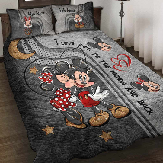 Personalized Love You To The Moon And Back Mickey And Minnie Disney Bedding Set, Cartoon Bedding
