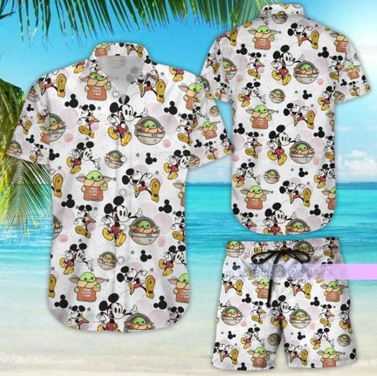 Mickey And Baby Yoda Disney Hawaiian Shirt And Shorts, Disney Aloha Set