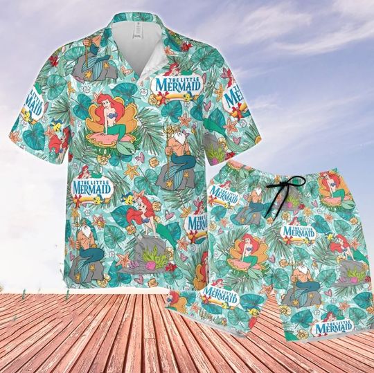 The Little Mermaid Ariel And Father Disney Hawaiian Shirt And Shorts, Disney Aloha Set