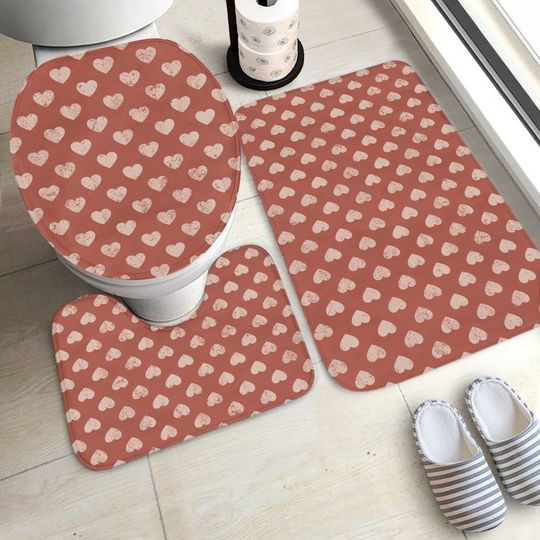 Heart Print Bathroom Mat Set, Crystal Velvet Toilet Rug Set
